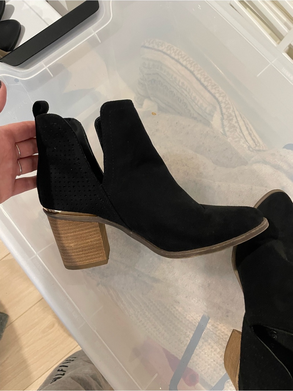 Madden Girl Black Suede Cutout Stacked Heel Booties